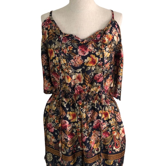 EUC Everly Cold shoulder Silk Fall Floral Foliage Romper - Picture 3 of 10